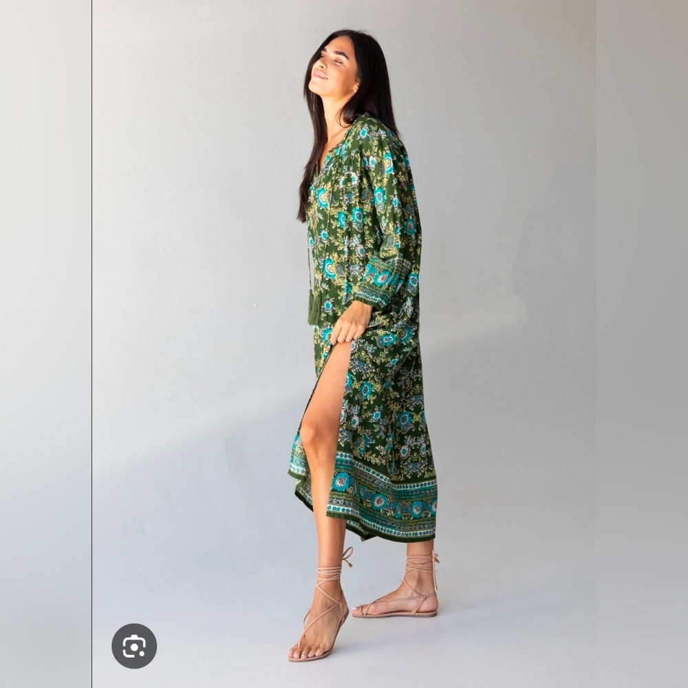 Natural Life Dara Green Floral Tie, V-neck Boho Oversized Midi Dress‎ Size Large